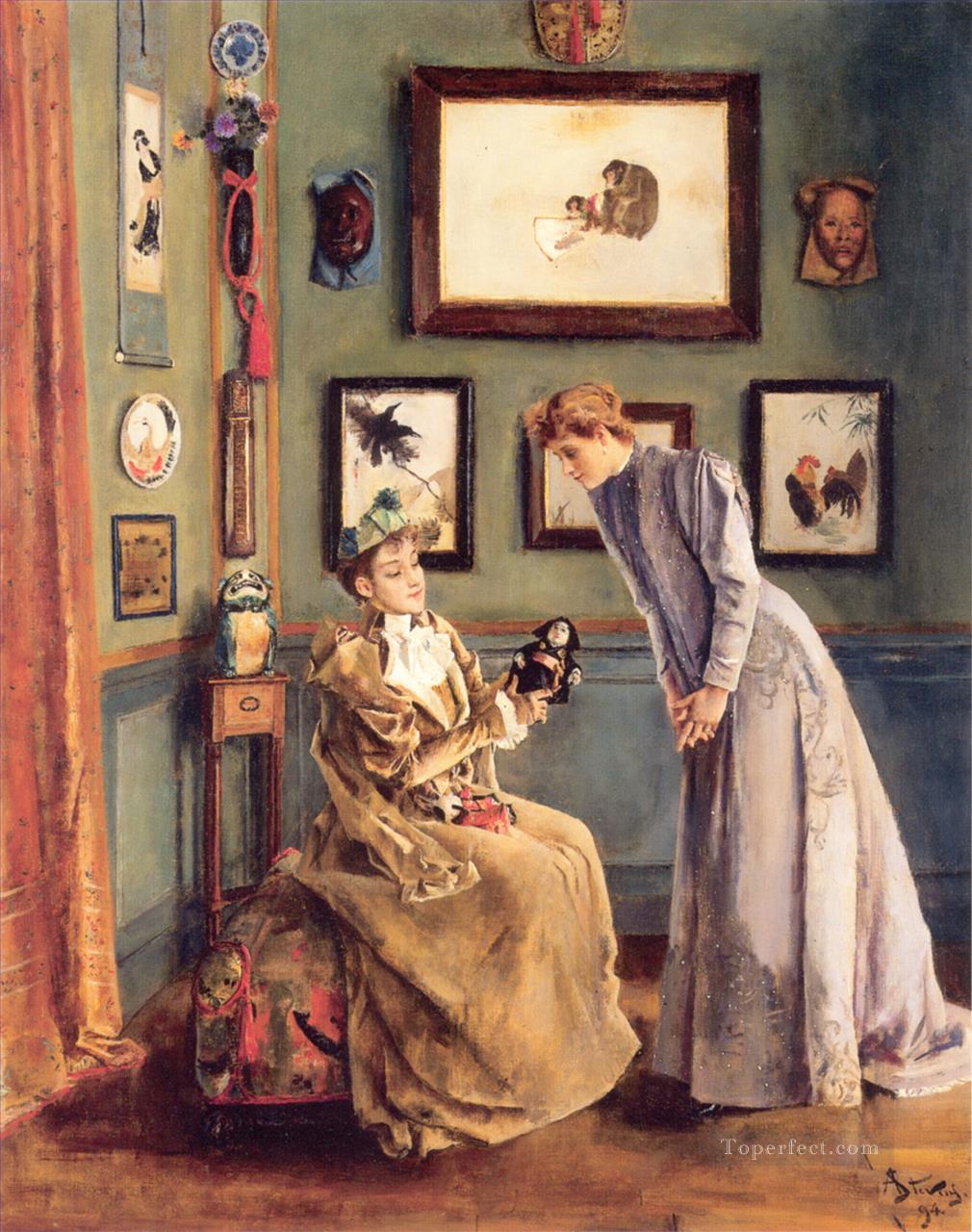 A Femme a la poupee japonaise lady Belgian painter Alfred Stevens Oil Paintings